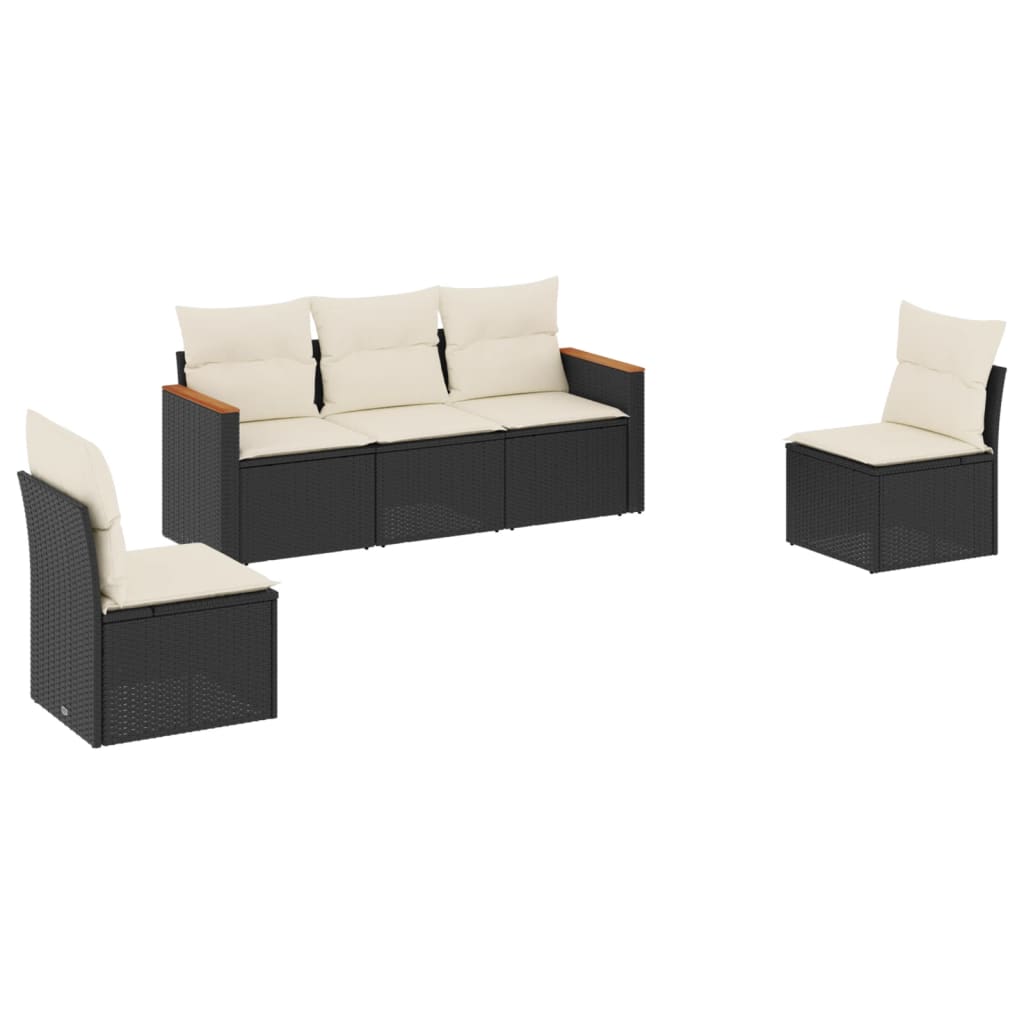 5-delige Loungeset met kussens poly rattan zwart