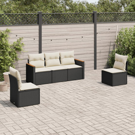 5-delige Loungeset met kussens poly rattan zwart