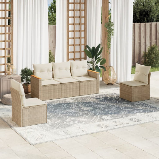 5-delige Loungeset met kussens poly rattan beige