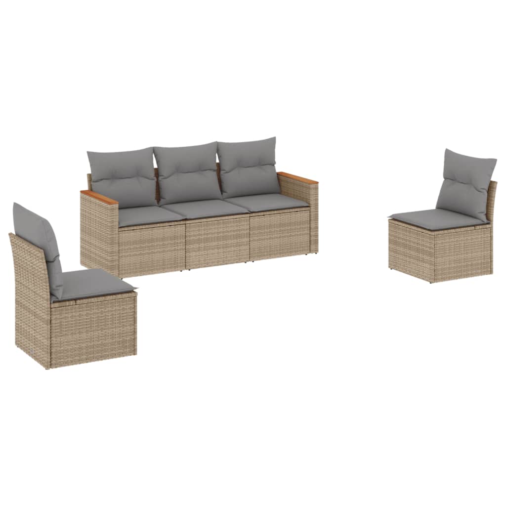 5-delige Loungeset met kussens poly rattan beige