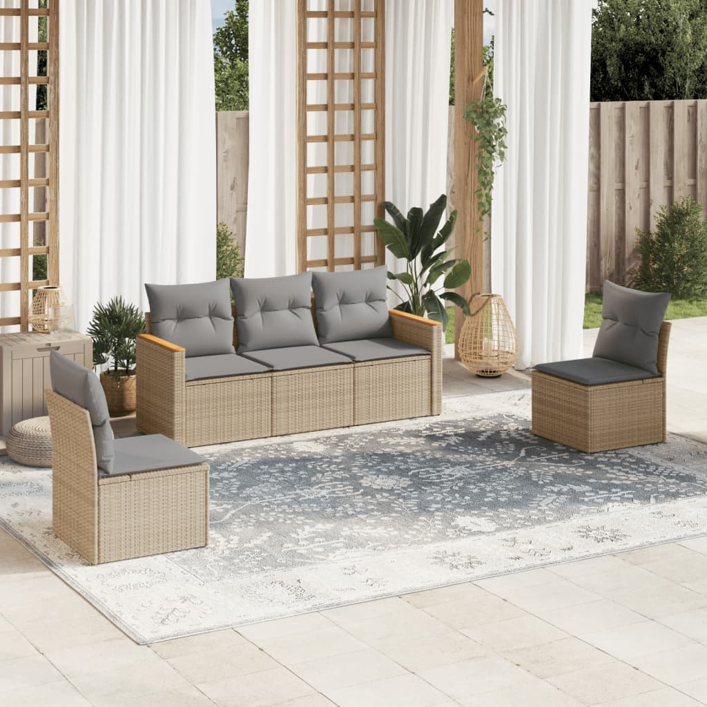 5-delige Loungeset met kussens poly rattan beige