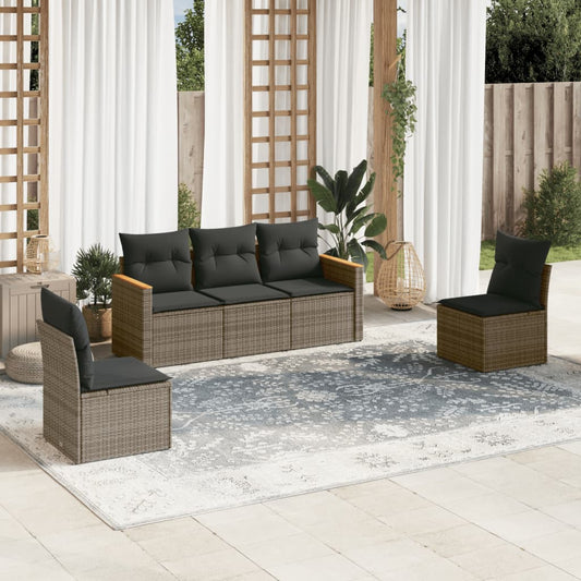 5-delige Loungeset met kussens poly rattan grijs