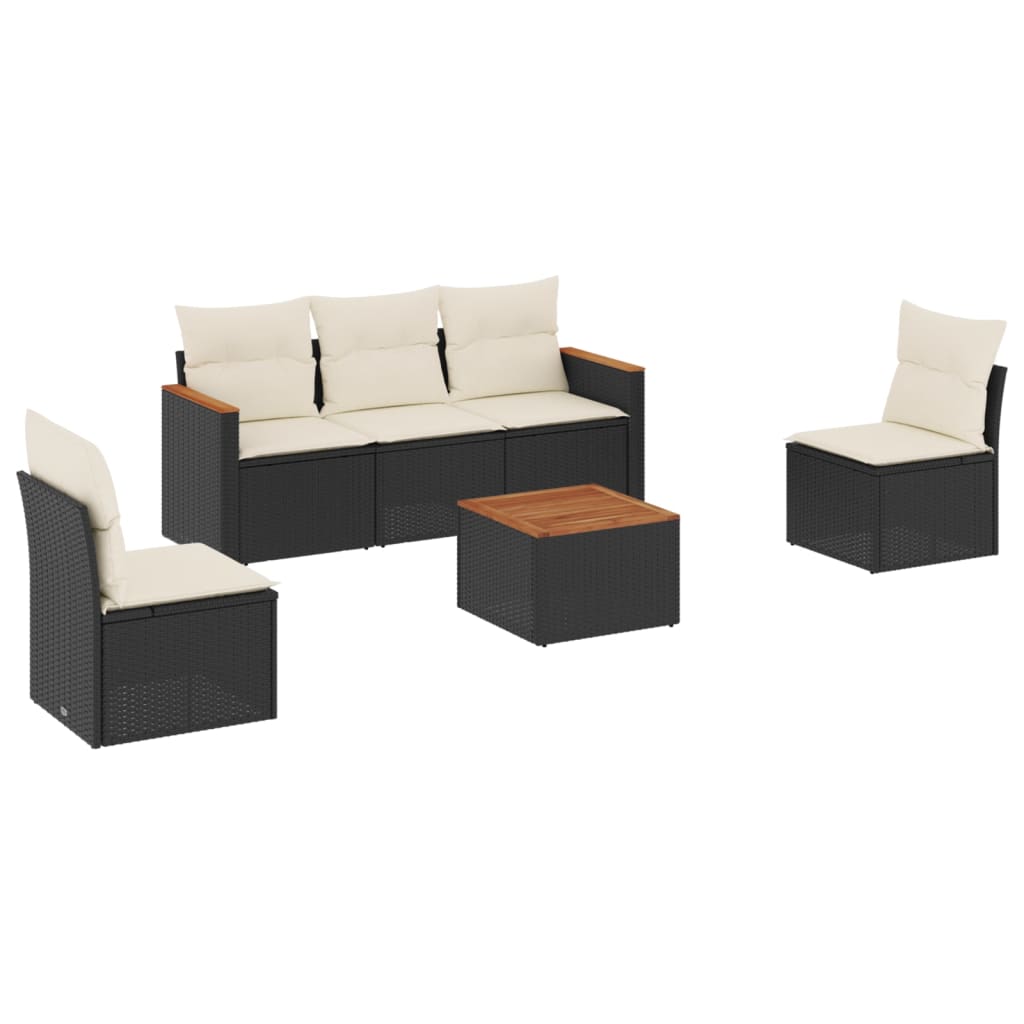 6-delige Loungeset met kussens poly rattan zwart