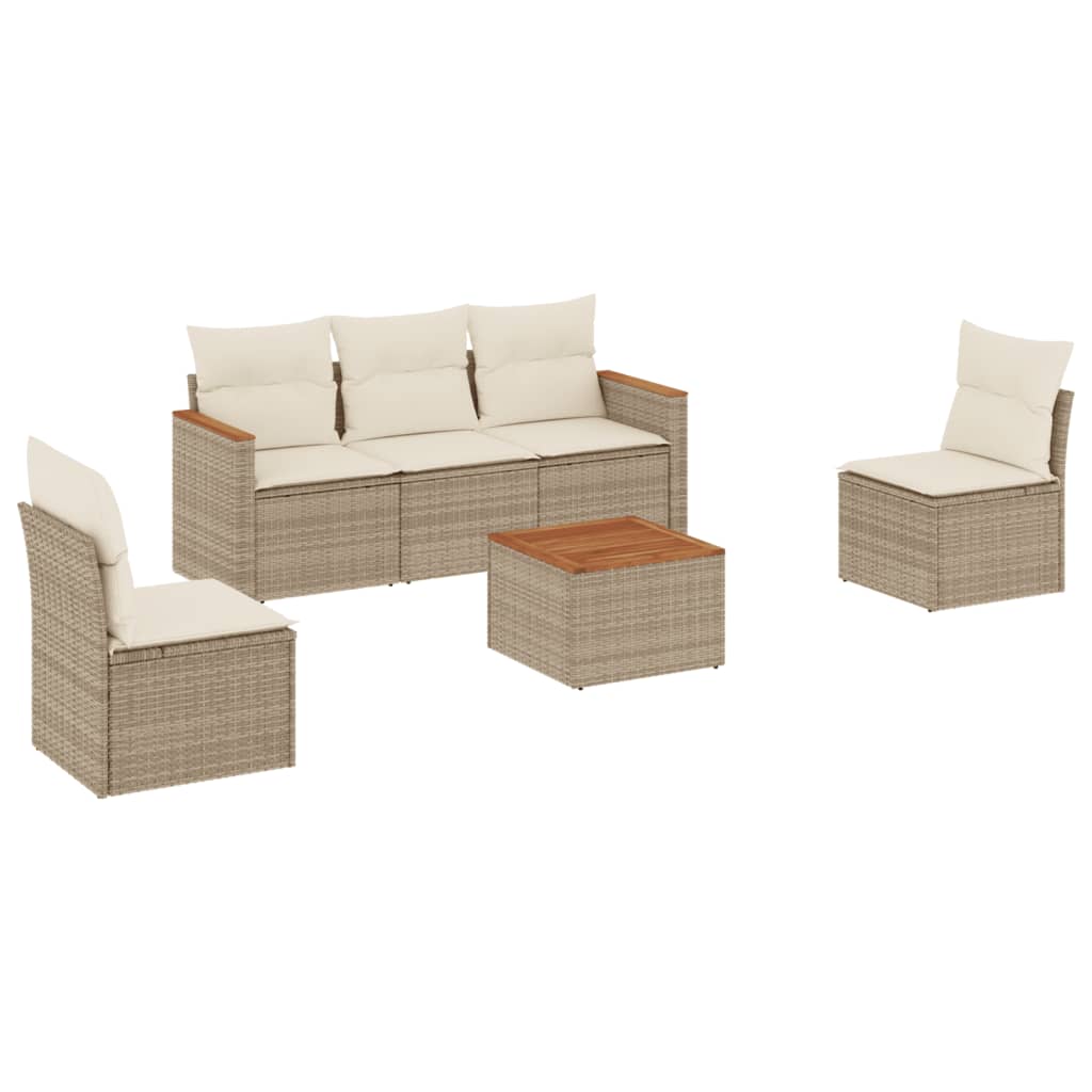 6-delige Loungeset met kussens poly rattan beige