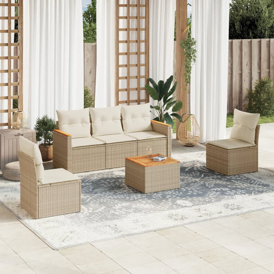 6-delige Loungeset met kussens poly rattan beige