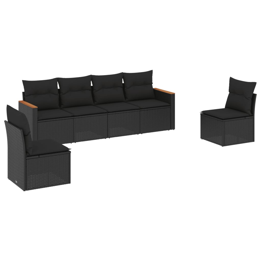 6-delige Loungeset met kussens poly rattan zwart