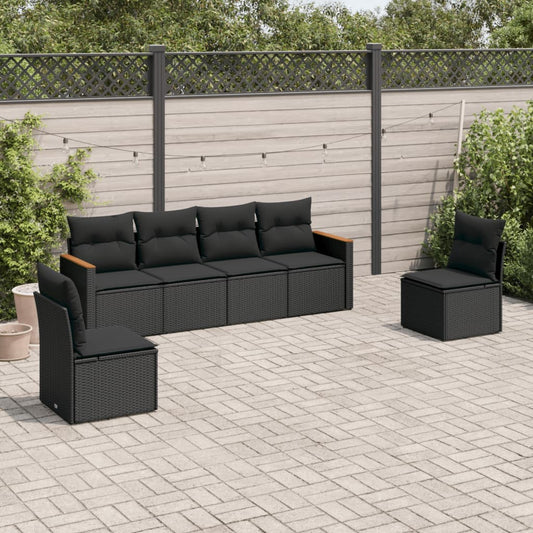 6-delige Loungeset met kussens poly rattan zwart