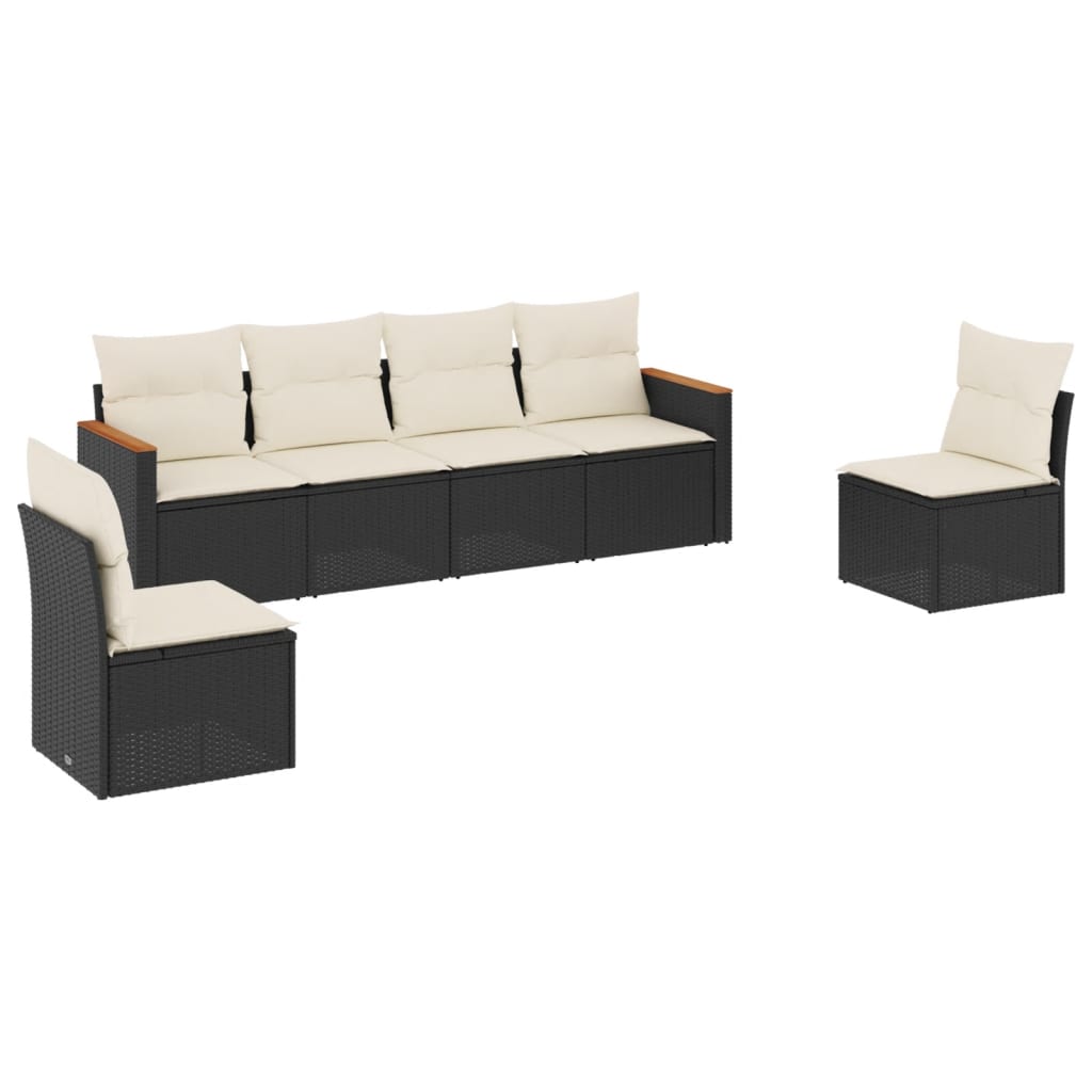 6-delige Loungeset met kussens poly rattan zwart