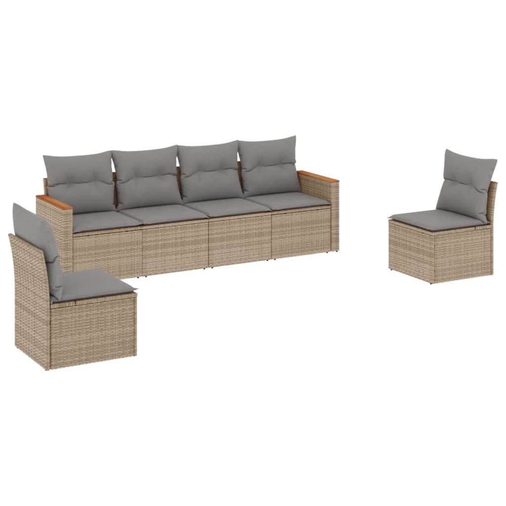 6-delige Loungeset met kussens poly rattan beige