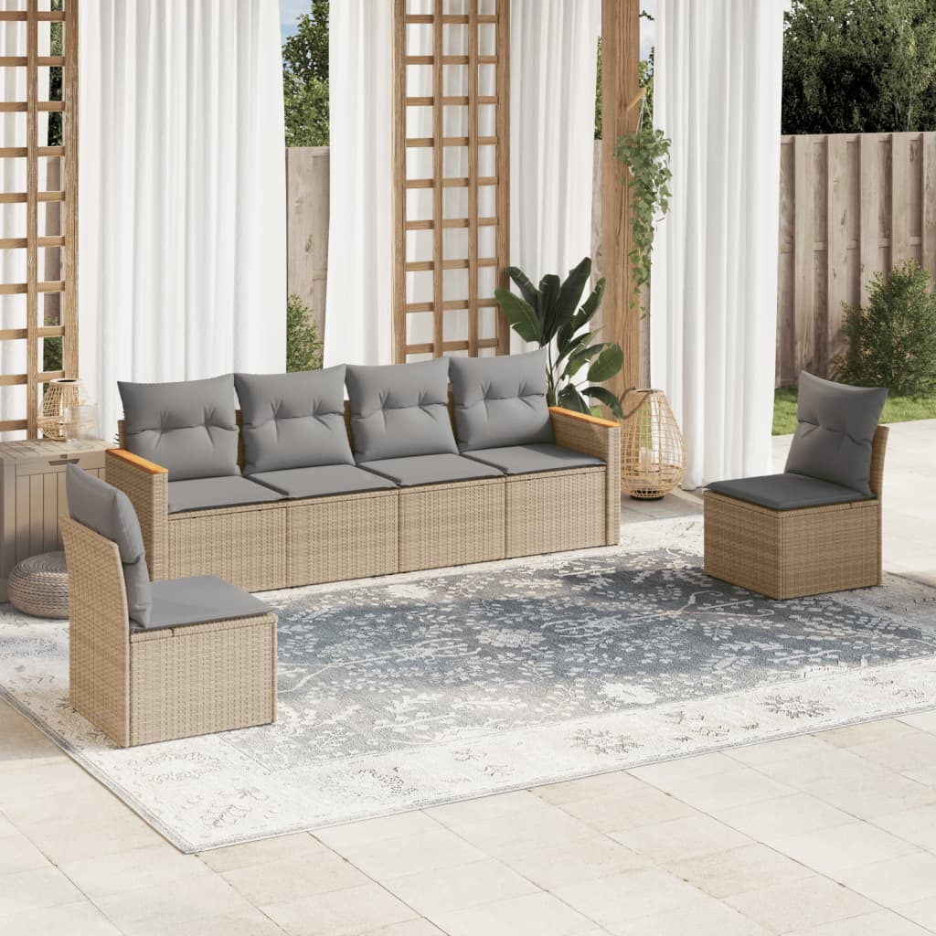 6-delige Loungeset met kussens poly rattan beige