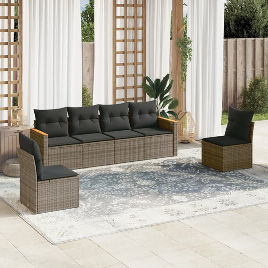 6-delige Loungeset met kussens poly rattan grijs