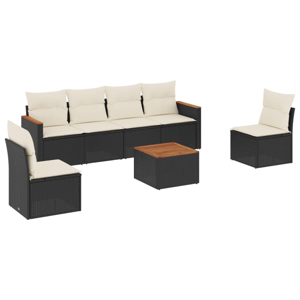 7-delige Loungeset met kussens poly rattan zwart