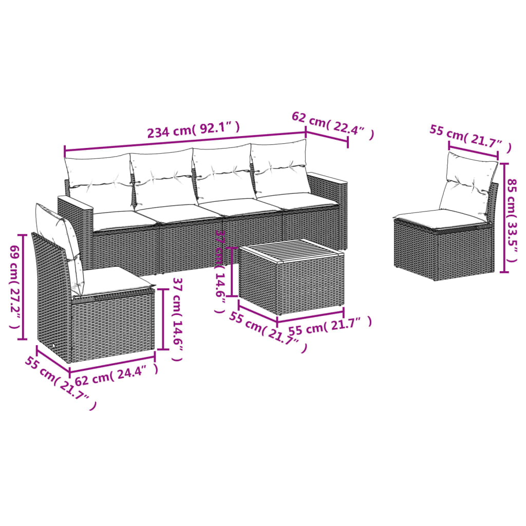 7-delige Loungeset met kussens poly rattan zwart