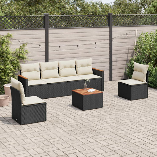 7-delige Loungeset met kussens poly rattan zwart