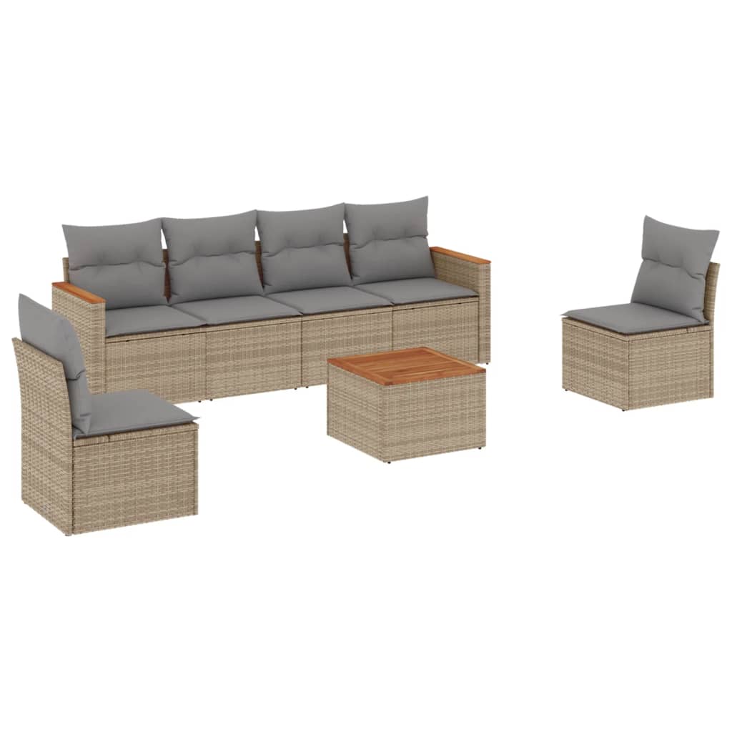 7-delige Loungeset met kussens poly rattan beige