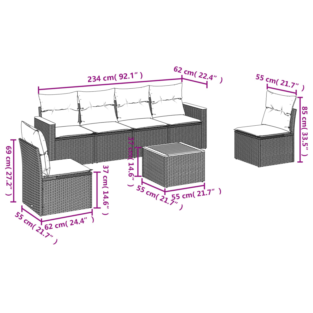 7-delige Loungeset met kussens poly rattan beige