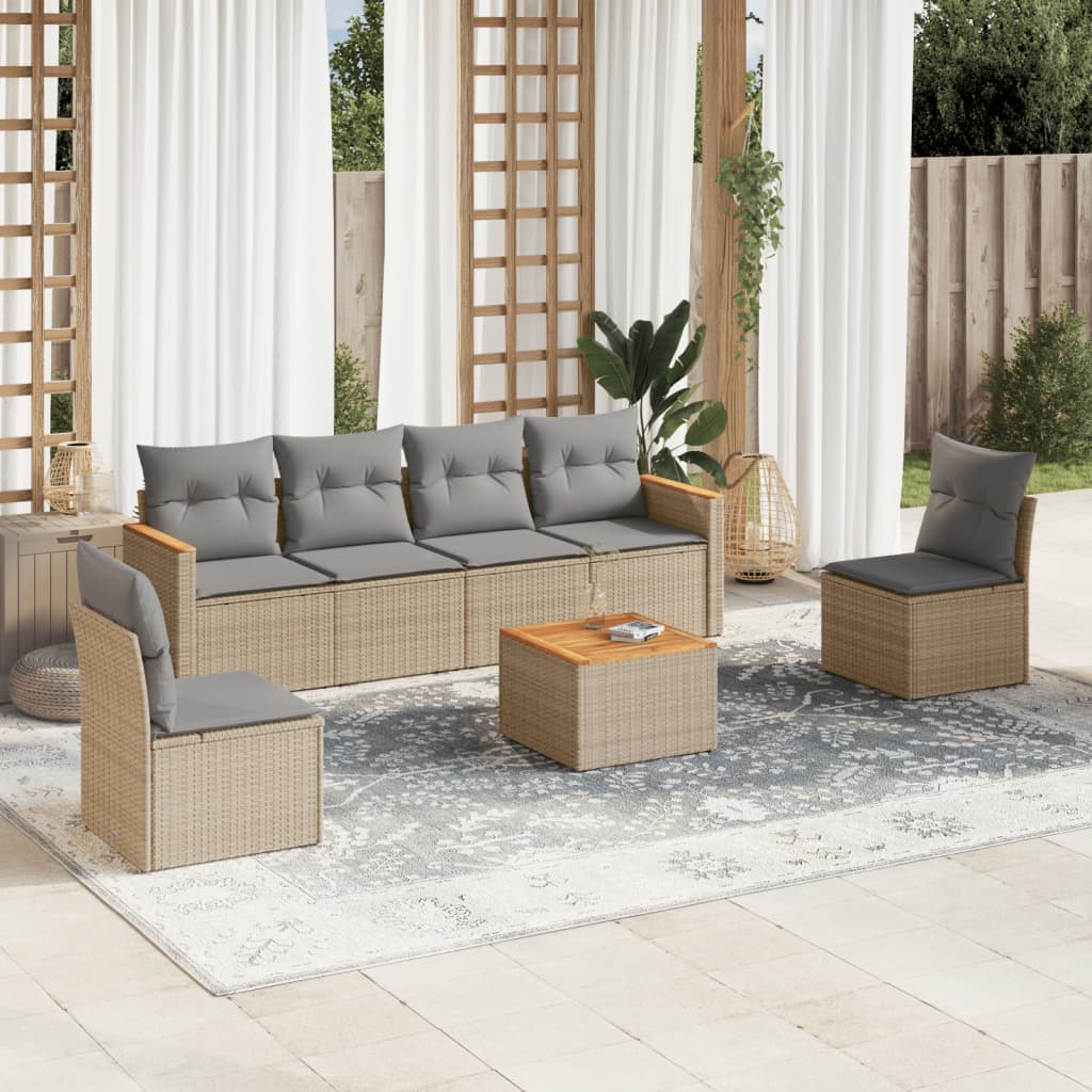 7-delige Loungeset met kussens poly rattan beige