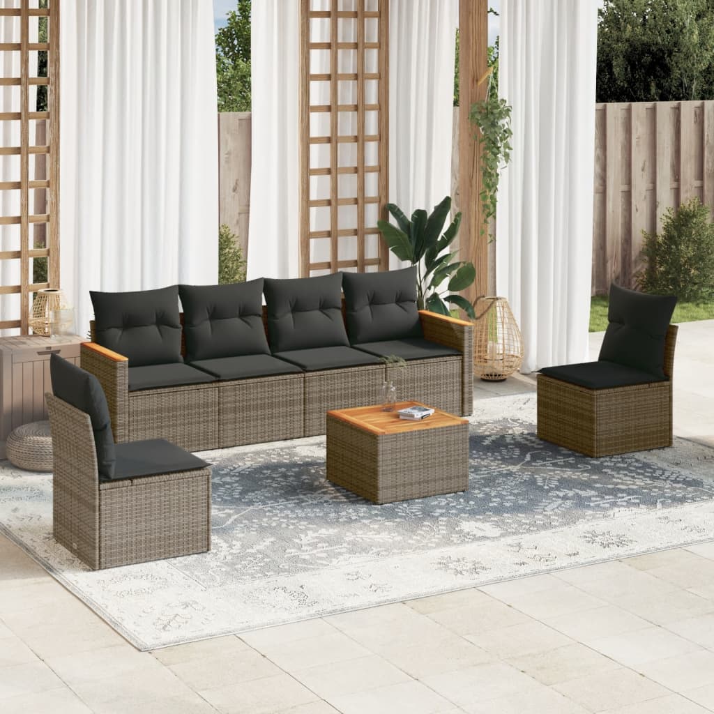 7-delige Loungeset met kussens poly rattan grijs