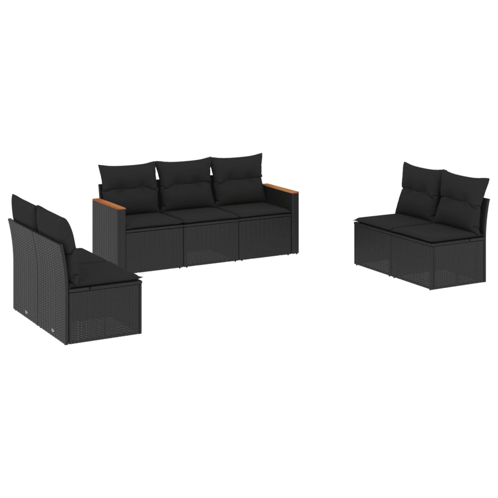 7-delige Loungeset met kussens poly rattan zwart