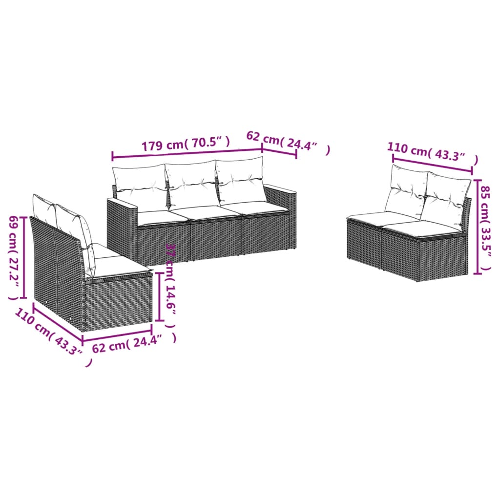 7-delige Loungeset met kussens poly rattan zwart