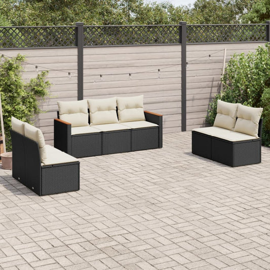 7-delige Loungeset met kussens poly rattan zwart