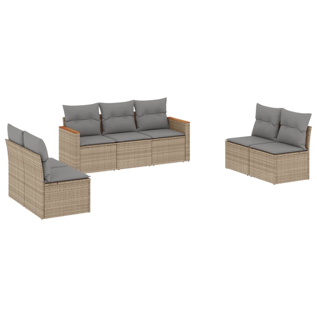 7-delige Loungeset met kussens poly rattan beige