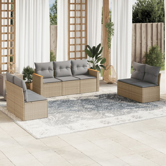 7-delige Loungeset met kussens poly rattan beige