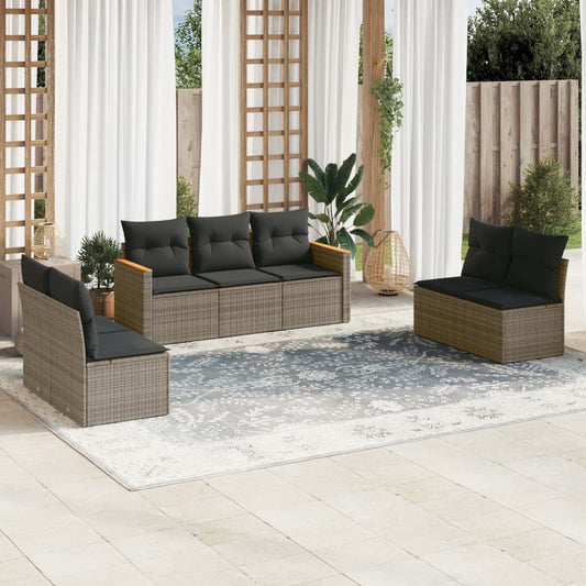 7-delige Loungeset met kussens poly rattan grijs