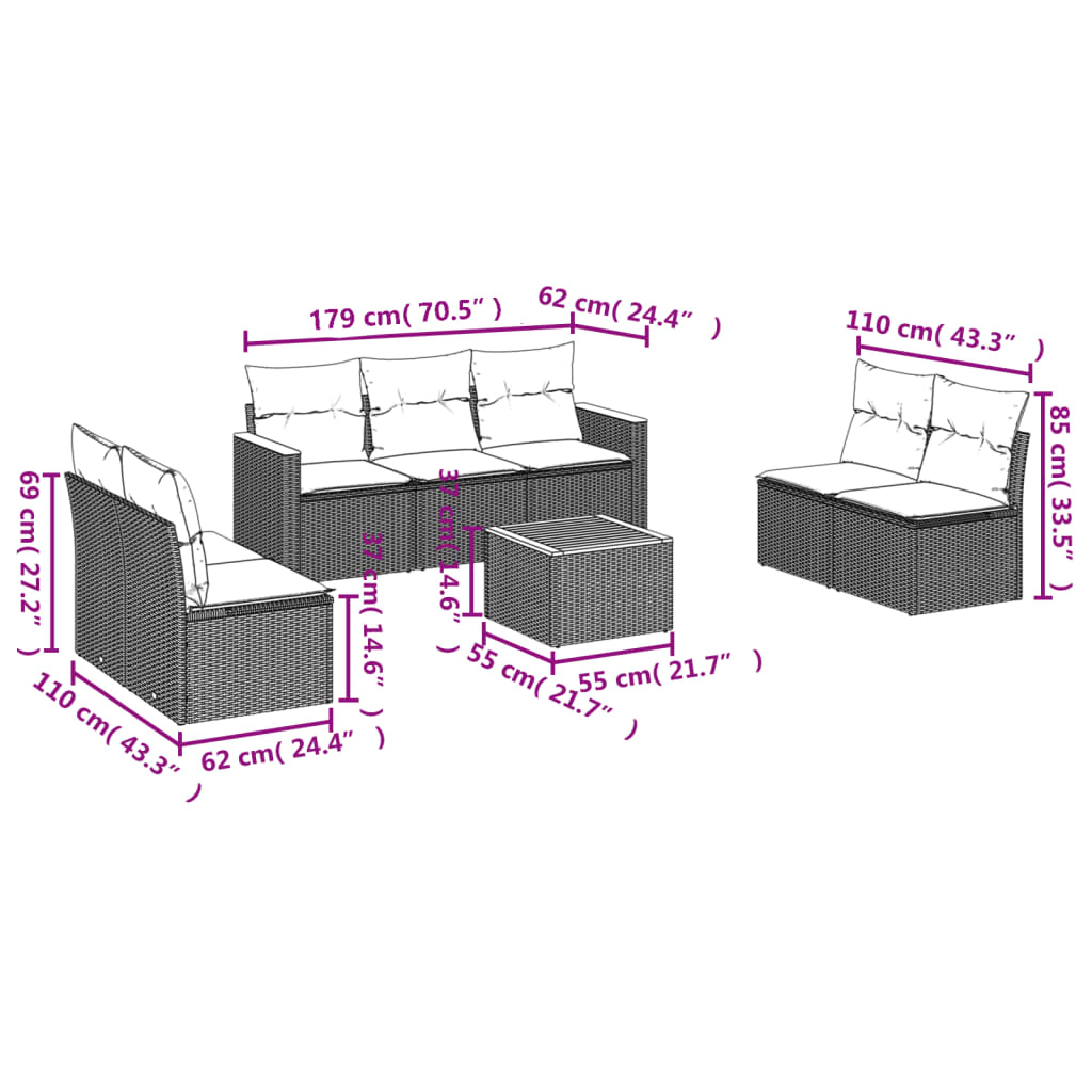 8-delige Loungeset met kussens poly rattan zwart