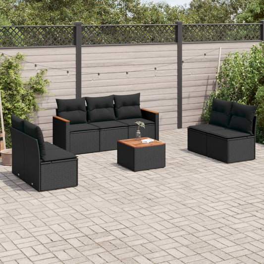 8-delige Loungeset met kussens poly rattan zwart