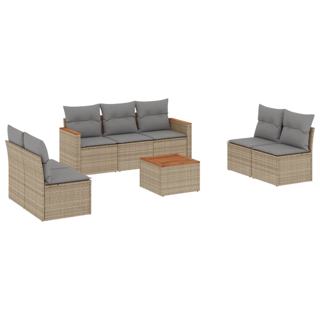 8-delige Loungeset met kussens poly rattan beige