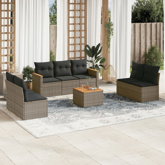 8-delige Loungeset met kussens poly rattan grijs