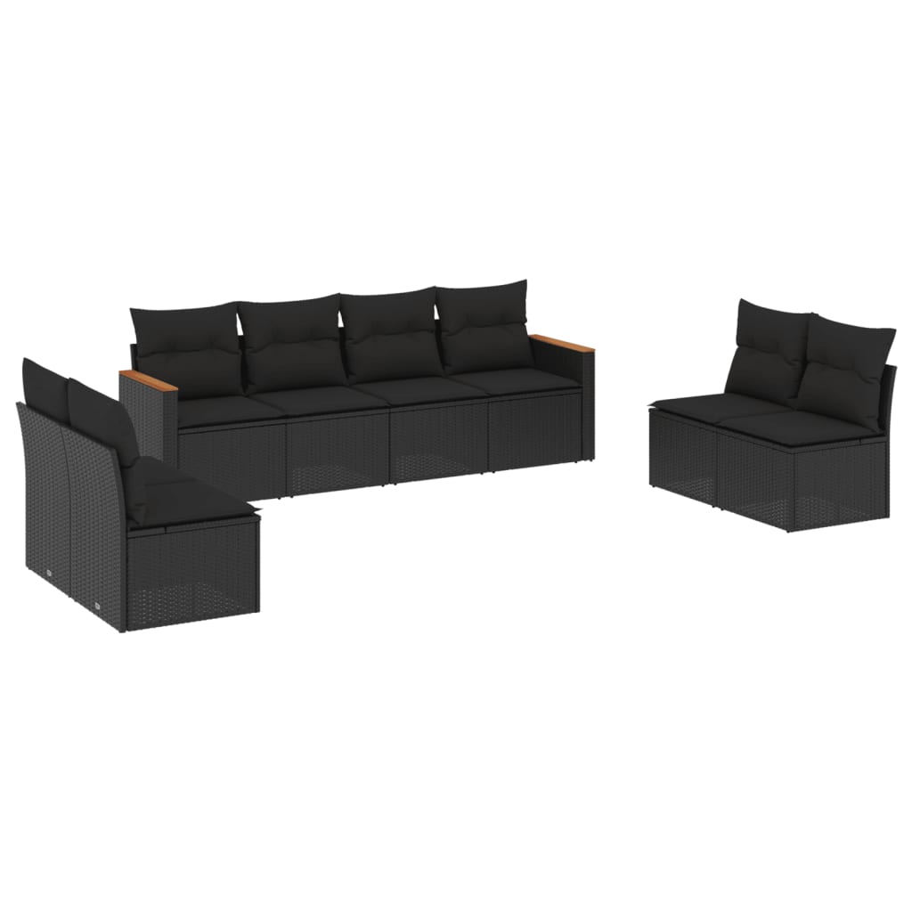 8-delige Loungeset met kussens poly rattan zwart