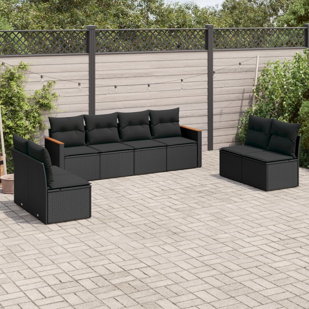 8-delige Loungeset met kussens poly rattan zwart