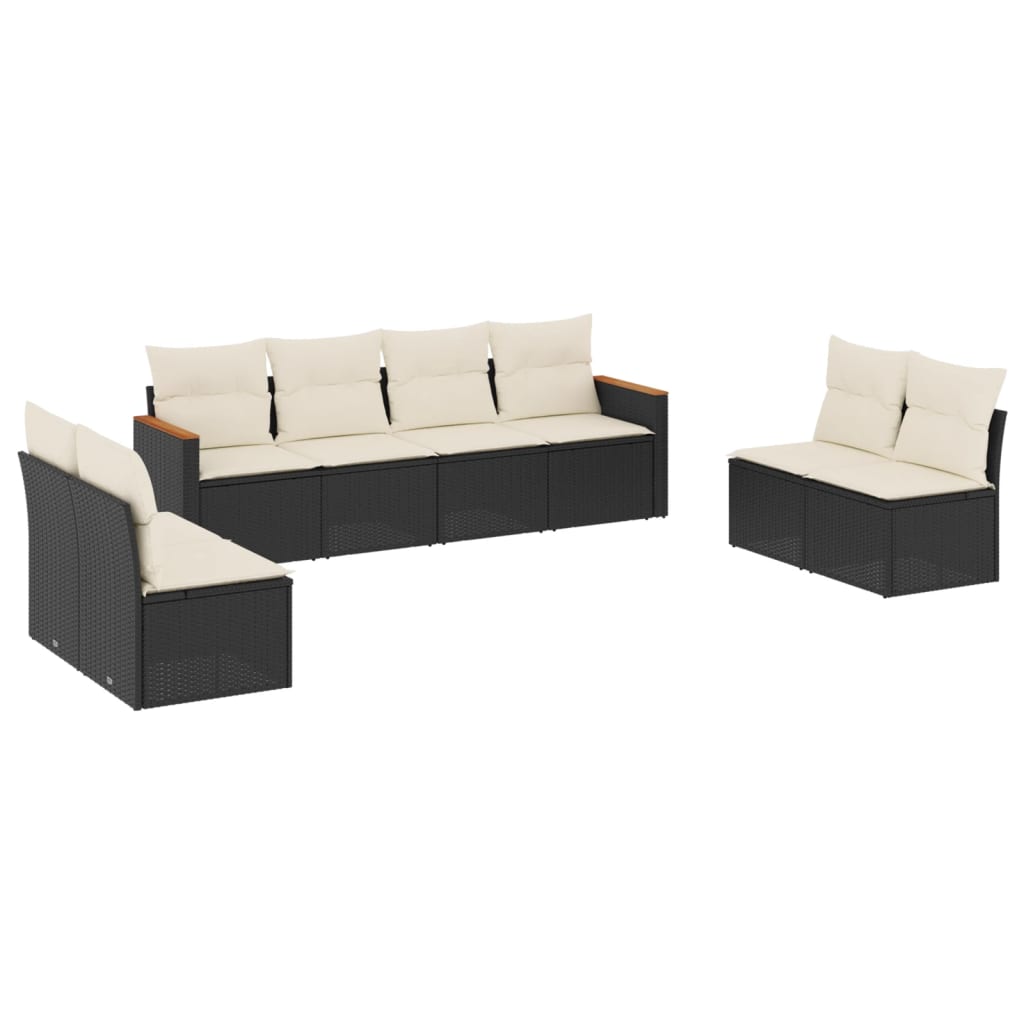 8-delige Loungeset met kussens poly rattan zwart