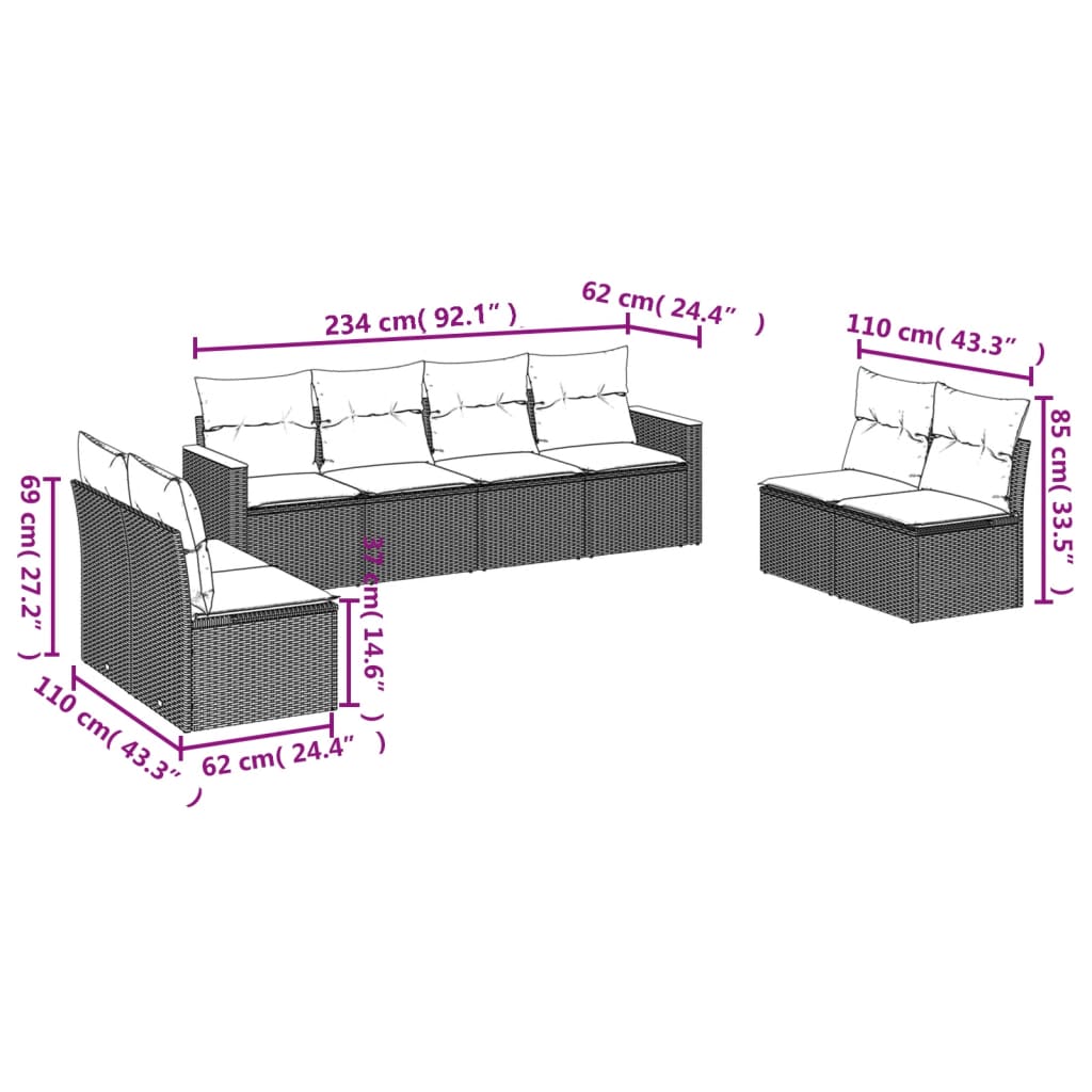 8-delige Loungeset met kussens poly rattan zwart