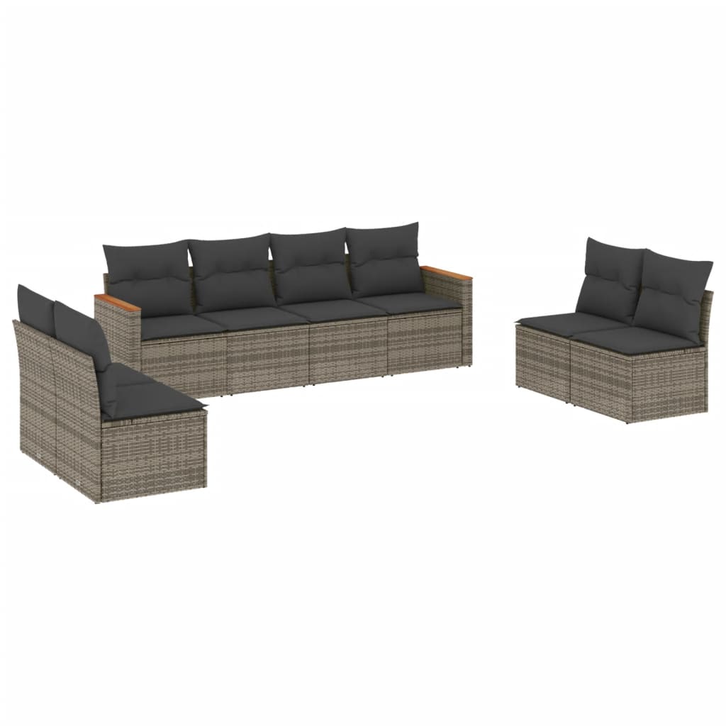 8-delige Loungeset met kussens poly rattan grijs