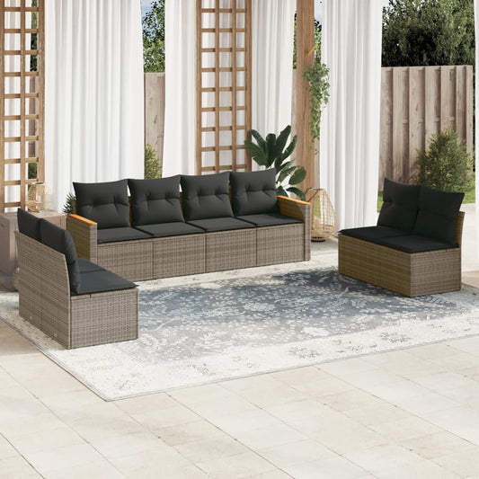 8-delige Loungeset met kussens poly rattan grijs