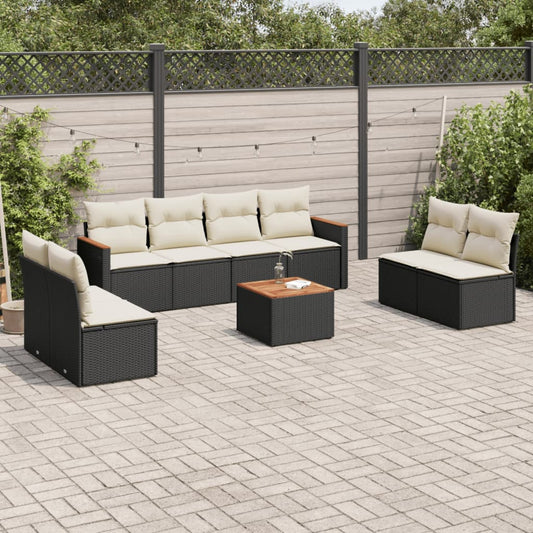 9-delige Loungeset met kussens poly rattan zwart