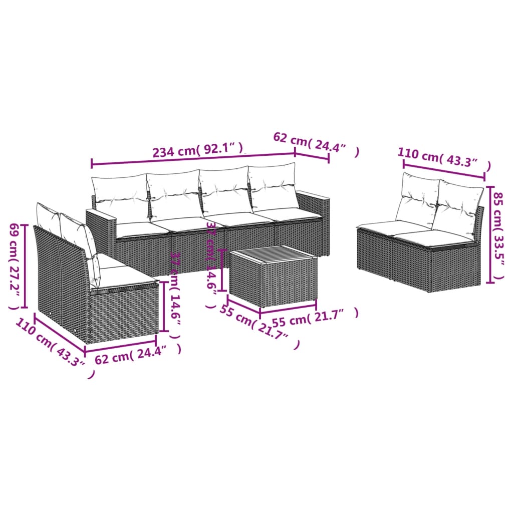 9-delige Loungeset met kussens poly rattan beige