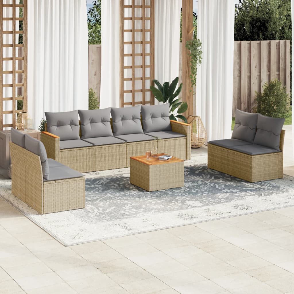 9-delige Loungeset met kussens poly rattan beige