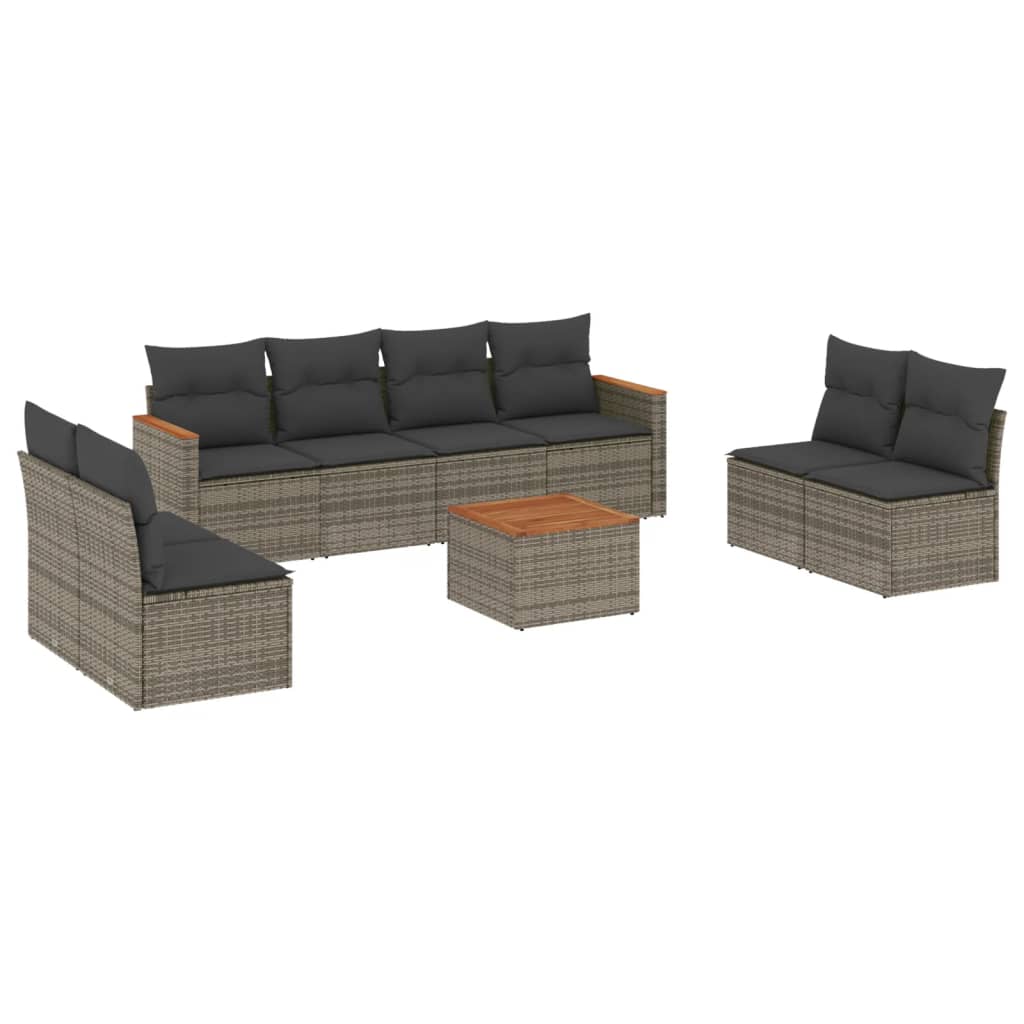 9-delige Loungeset met kussens poly rattan grijs