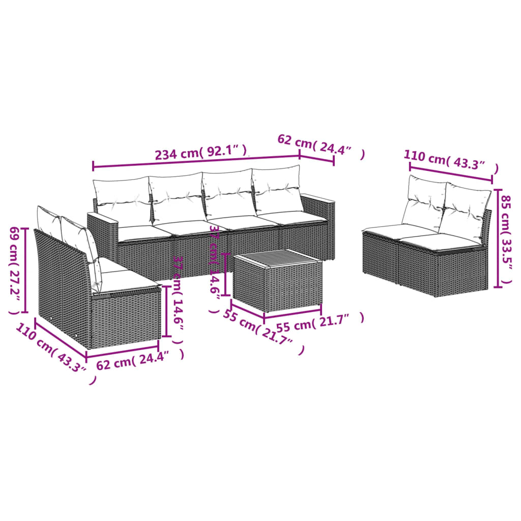 9-delige Loungeset met kussens poly rattan grijs