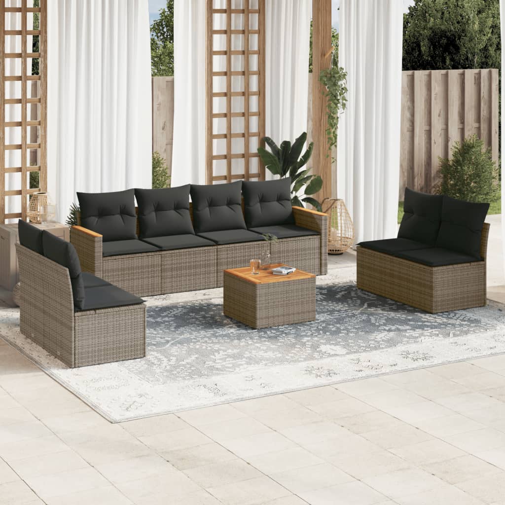 9-delige Loungeset met kussens poly rattan grijs