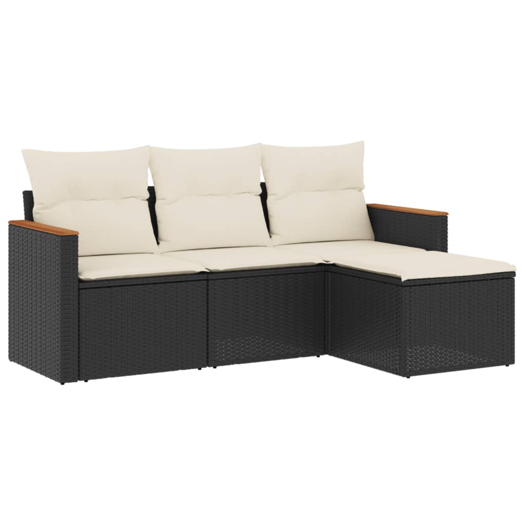 4-delige Loungeset met kussens poly rattan zwart