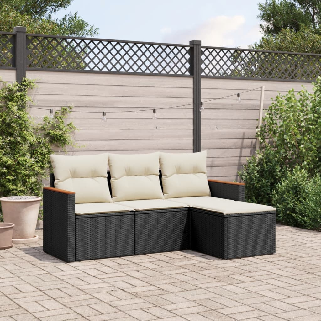 4-delige Loungeset met kussens poly rattan zwart