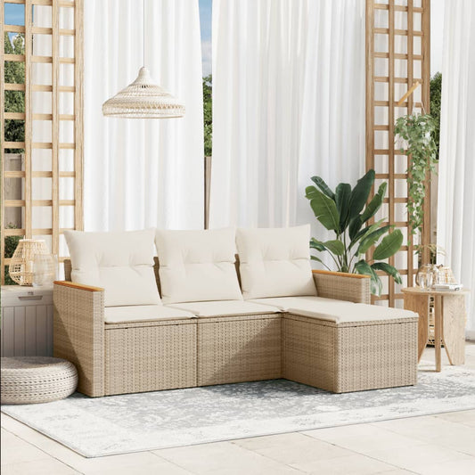 4-delige Loungeset met kussens poly rattan beige