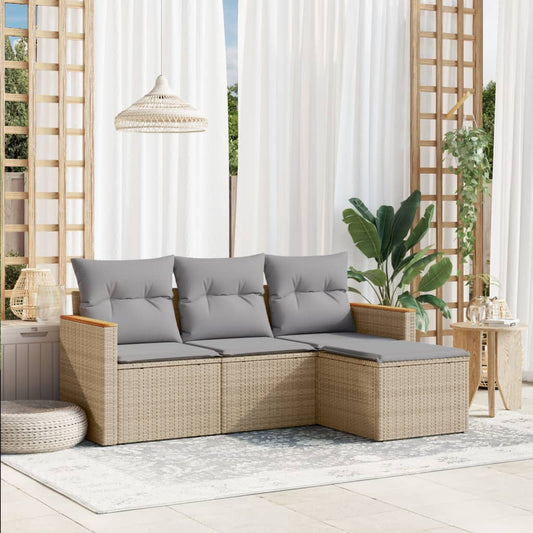 4-delige Loungeset met kussens poly rattan beige