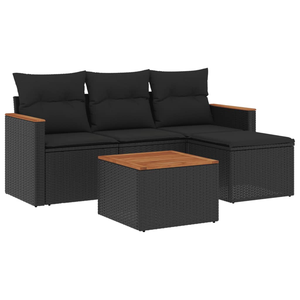 5-delige Loungeset met kussens poly rattan zwart