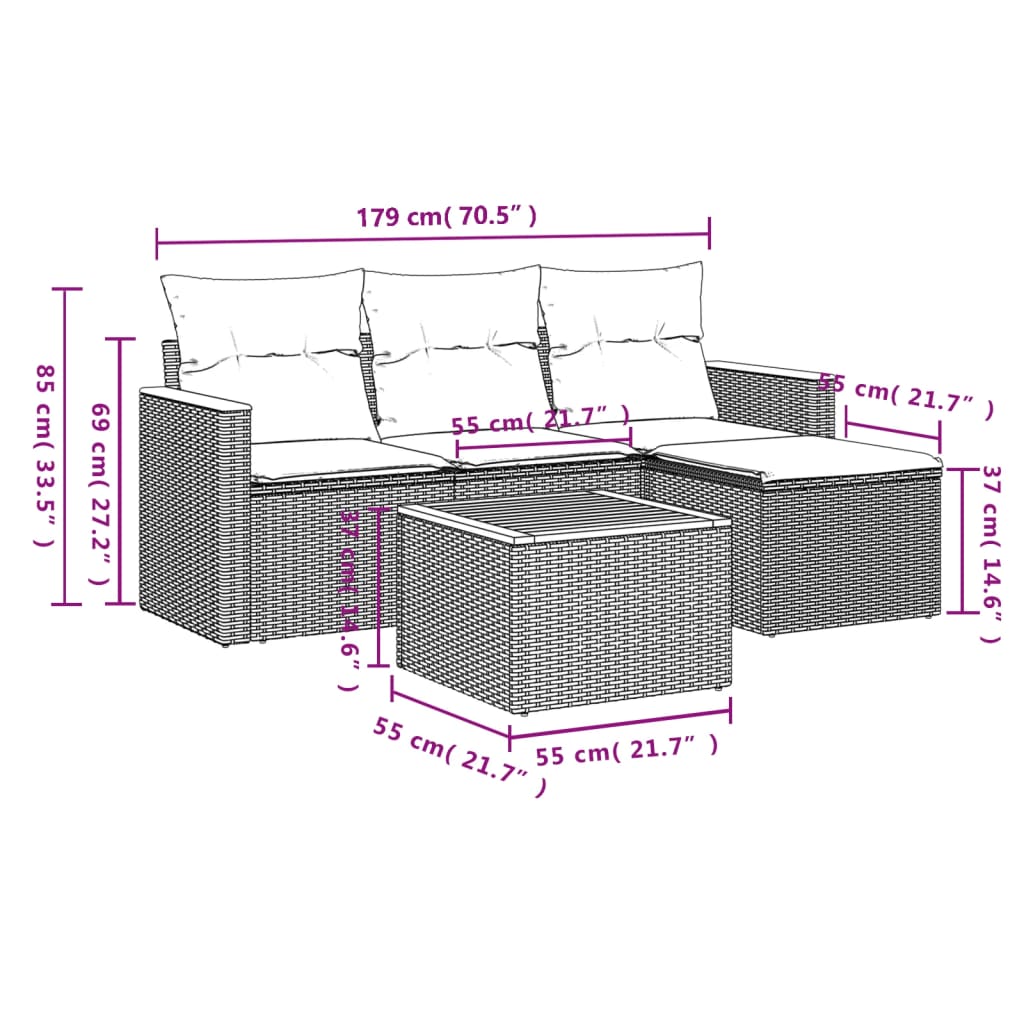 5-delige Loungeset met kussens poly rattan zwart